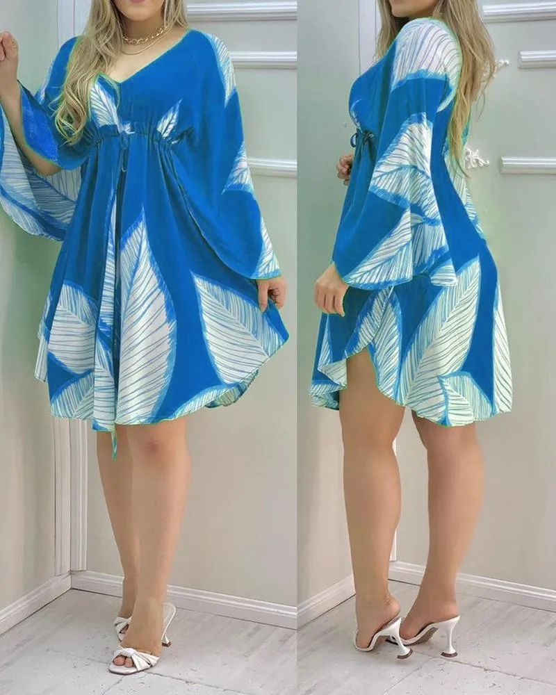 Cape Sleeve Leaves Print Ruched Summer Dress Women X0521