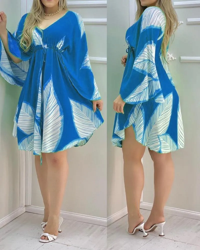 ケープスリーブの葉プリントRuched Summer Dress Women x0521