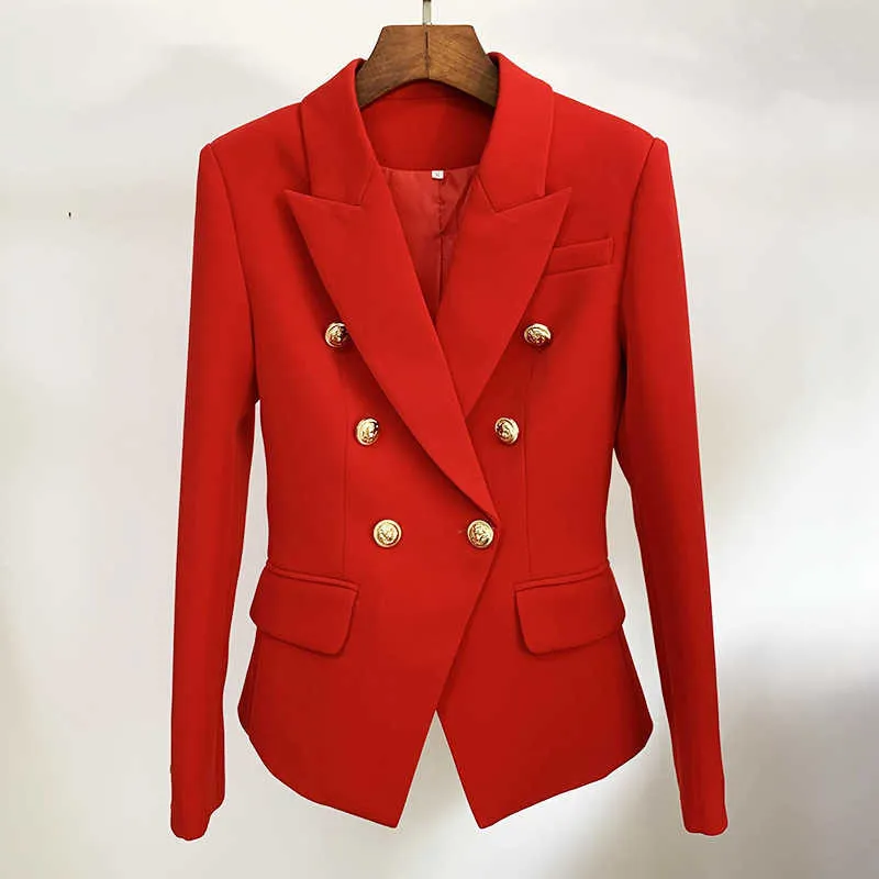 Riktiga röda kvinnor blazers formella kvinnliga jacka klassisk guld dubbelbröst knapp vit svart blazer hög kvalitet 210930
