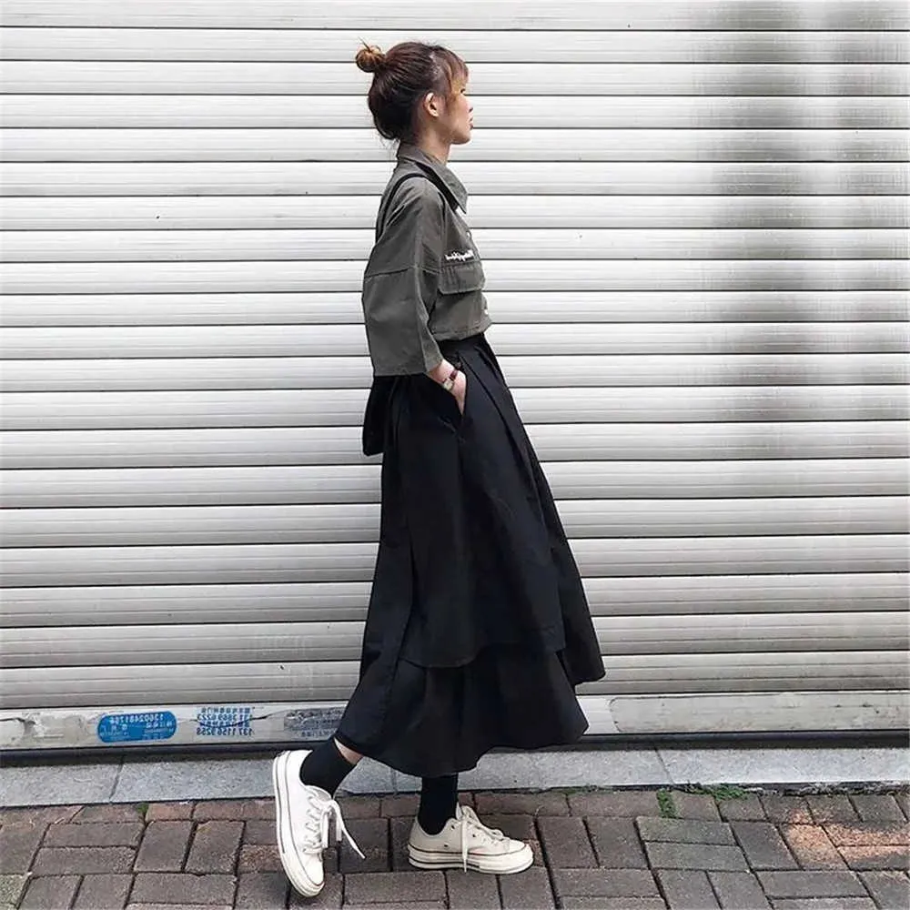 Einfarbig unregelmäßige hohe Taille Faltenrock Frauen japanischen Stil weiß schwarz langen Rock Sommer Wild Cargo Rock Streetwear 210619