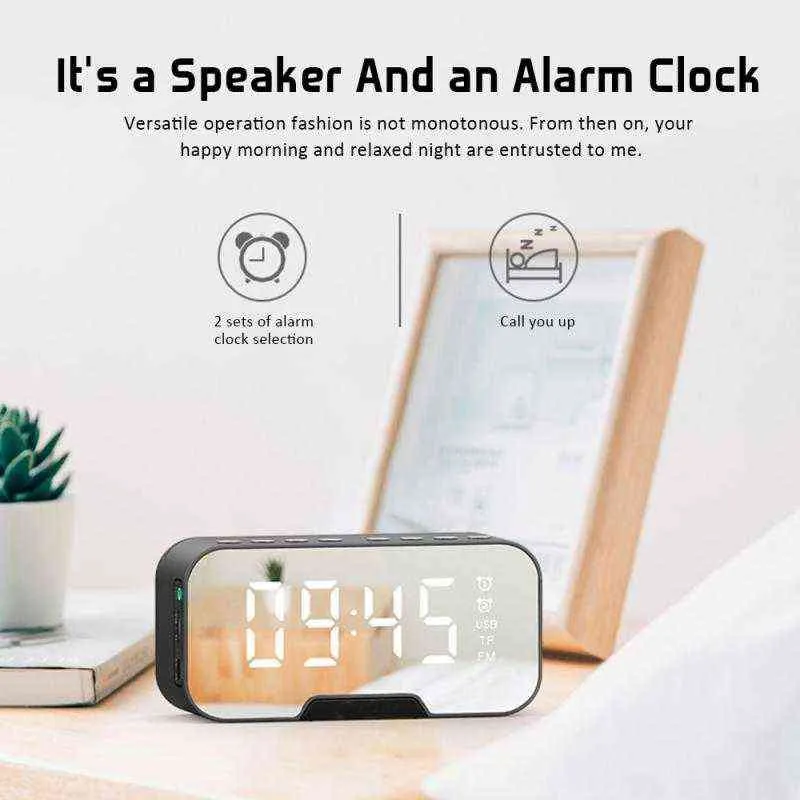 Miroir portable LED Réveil sans fil 5.0 Bluetooth FM Radio Lecteur de musique Électronique Horloge de table numérique avec double mode d'alarme 211111