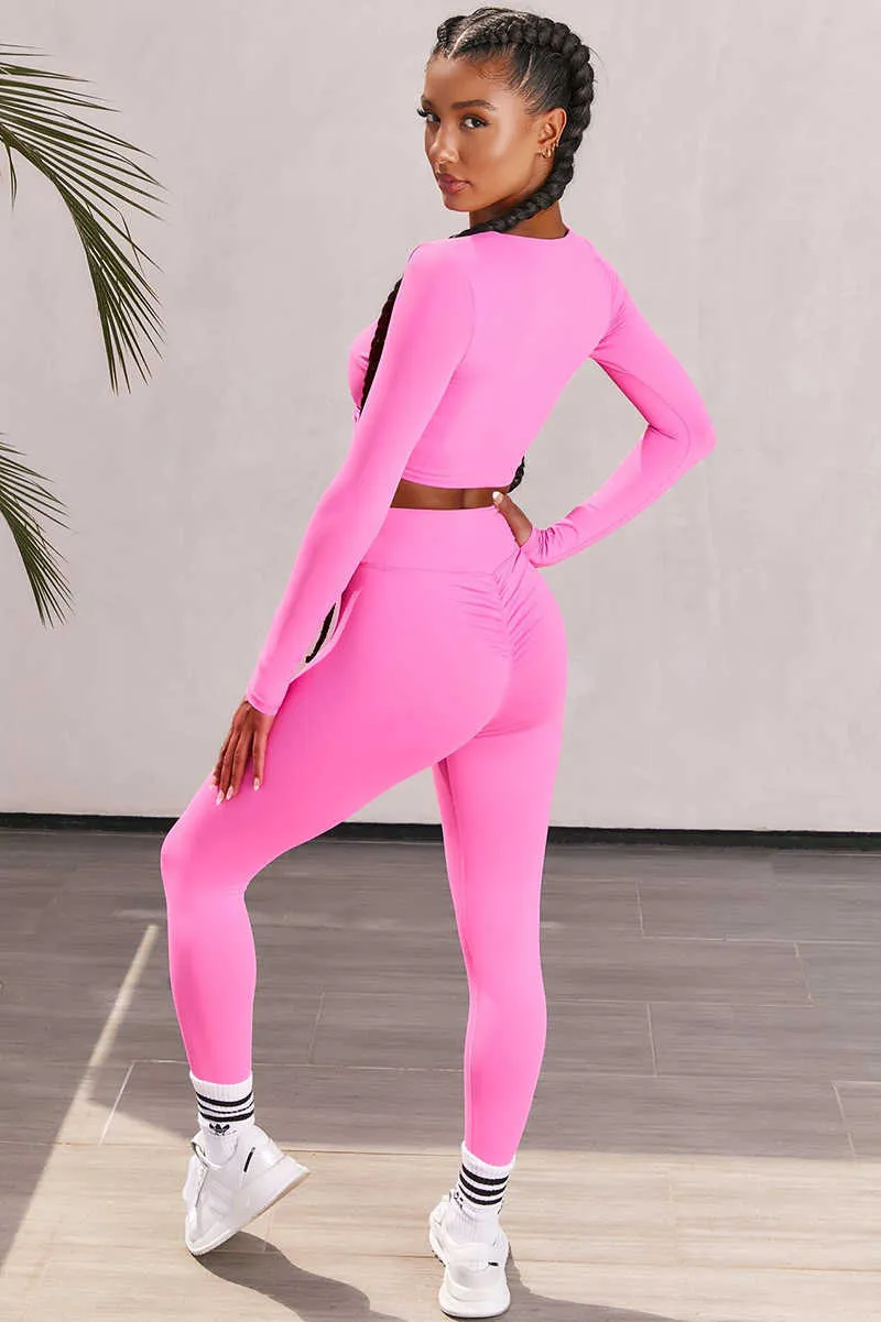 Wohuadi Sexy V-Neck Långärmade Sport Set Yoga Kvinnor Kläder Suit Gym Fitness Folds Top High Waist Leggings Kvinna 210802