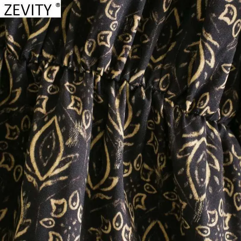 Zevity mujeres vintage tótem estampado floral cintura elástica mini vestido femme linterna manga casual suelto elegante vestido DS4888 210603