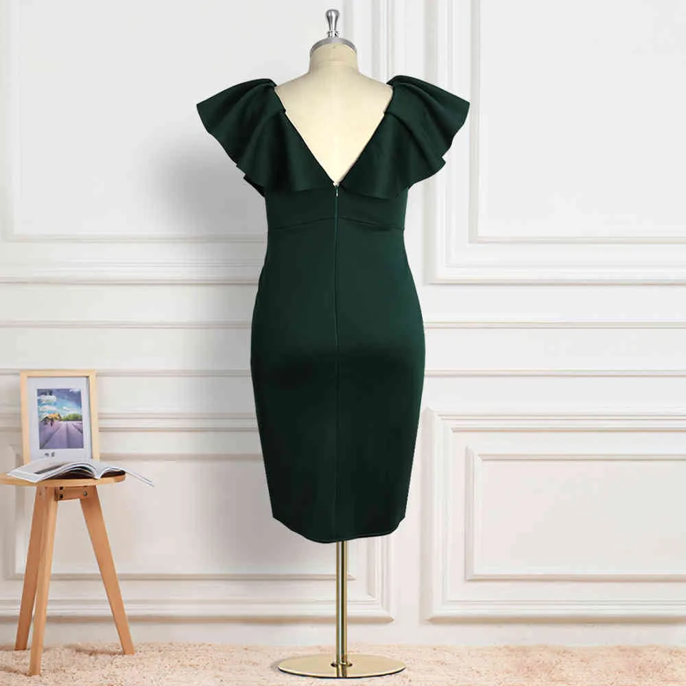 Plus Mulheres Escuras Festa Verde Vestido V Neck Ruffles Sleeve Split Comemore Sexy Evento Nightclub Vestidos Feminino Tamanho Grande 5xL 210416