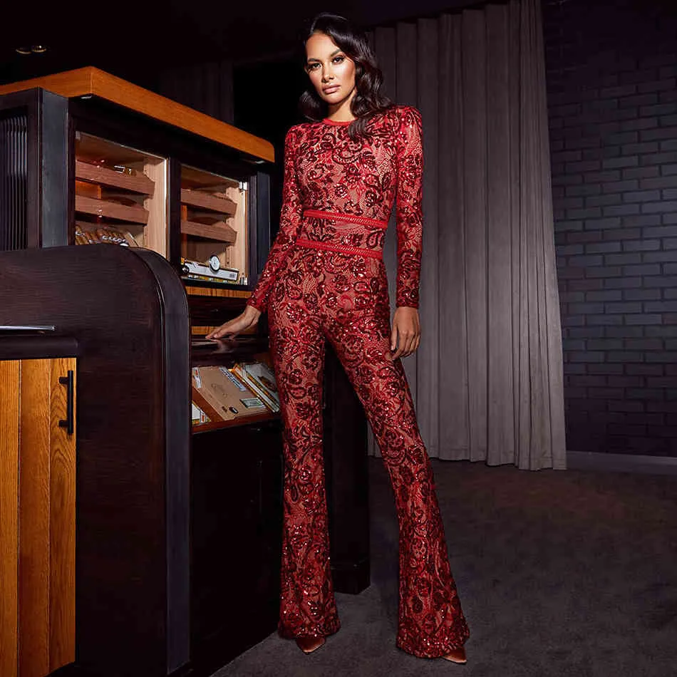 Spring Women Red Sequins Bandage Jumpsuits Sexy O Neck Long Sleeve& Full Pants Club Party Casual Rompers 210423