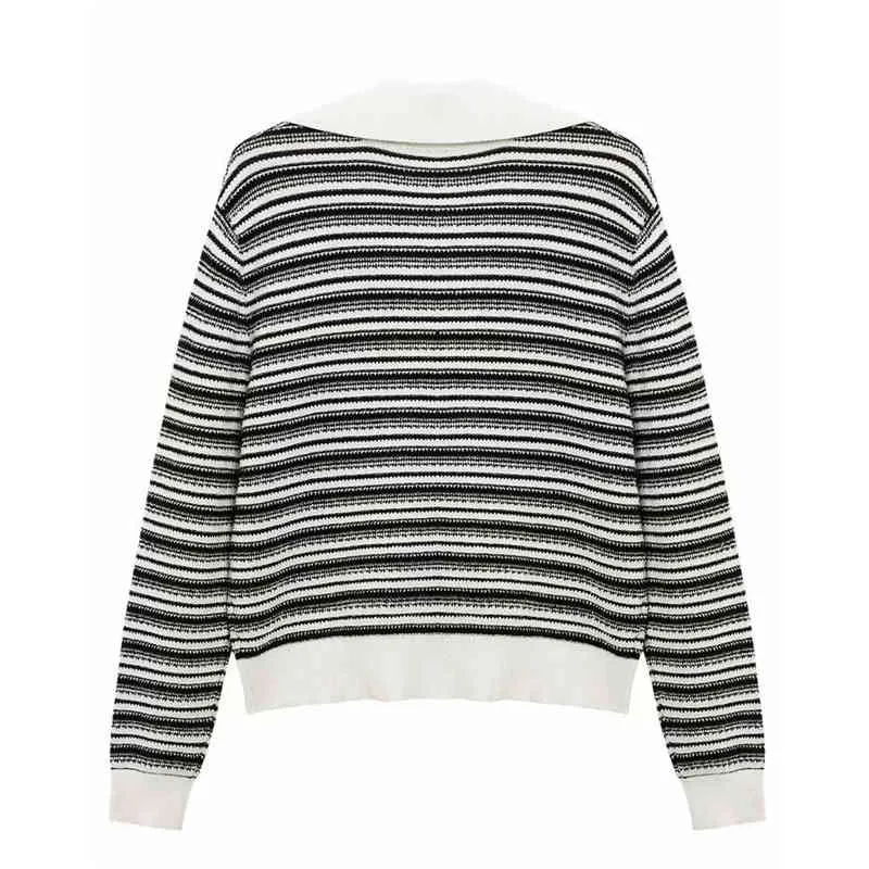 Causal Women Black And White Striped Sweater Fashion Ladies Turn Down Collar Knitted Tops Streetwear Female Chic Pullover 210427