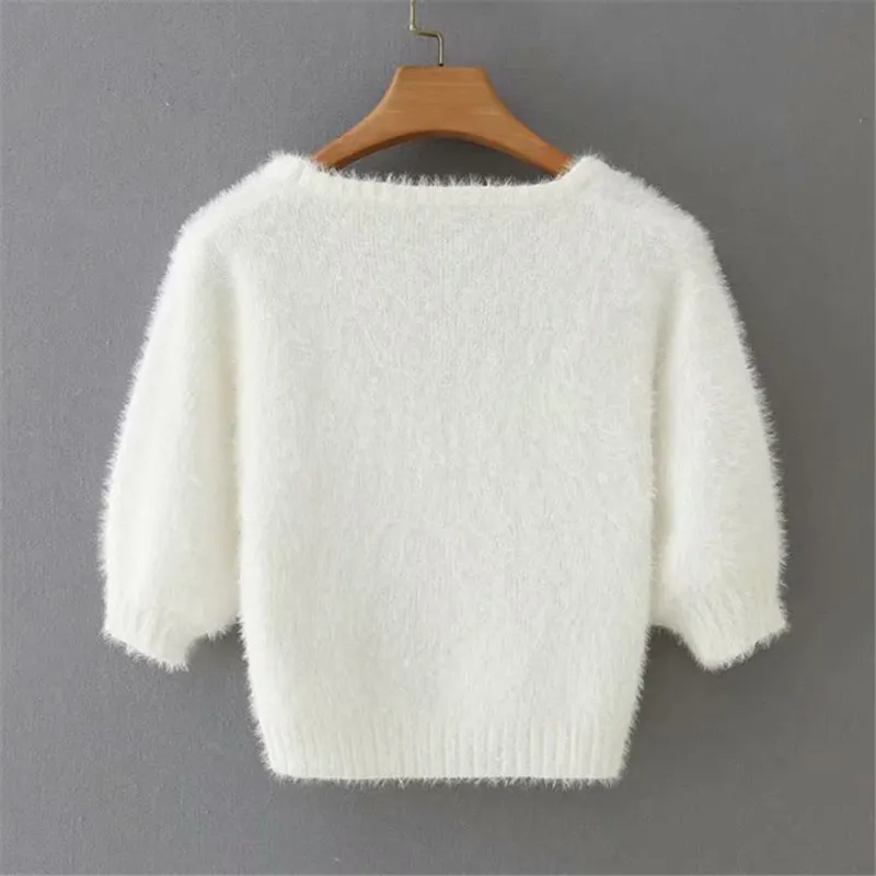 BLSQR Vit Mohair O-Neck Sweater Fashion Short Sleeve Casual Solid Färg Pullover Femme Appliques Beskära Toppar 210430