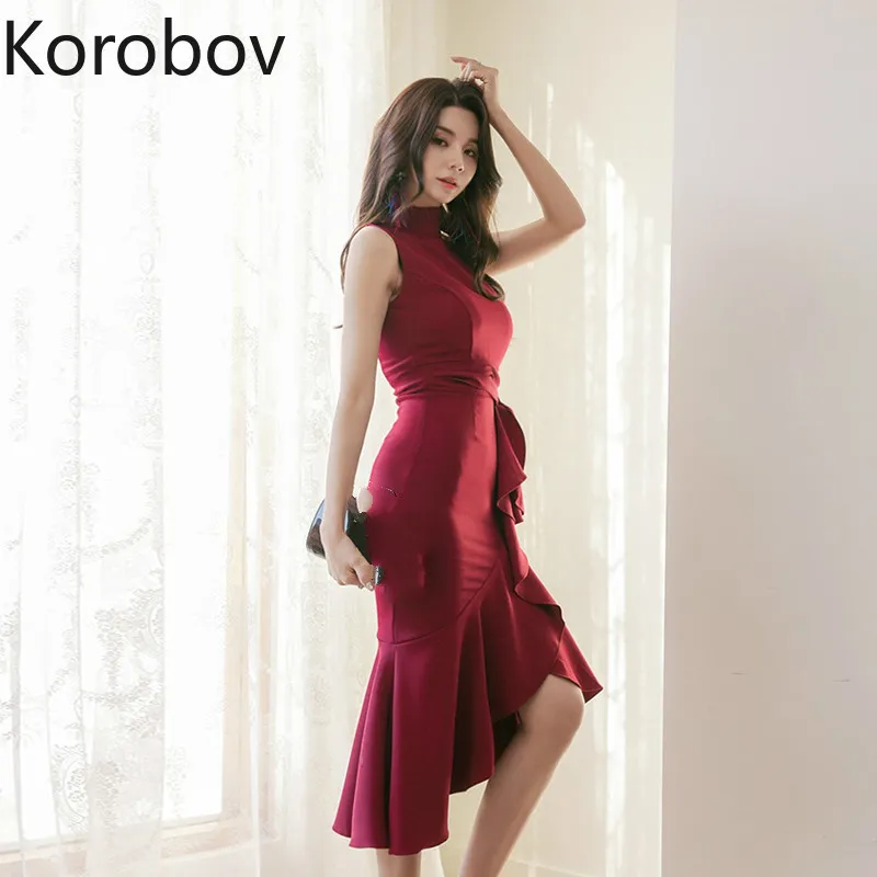 Korobov Nowe Koreańskie Eleganckie Kobiety Sukienka Vintage Stojak Kołnierz Rękaw Sznurowanie Łuk Sukienki Stałe Ruffles Trumpet Vestidos 210430