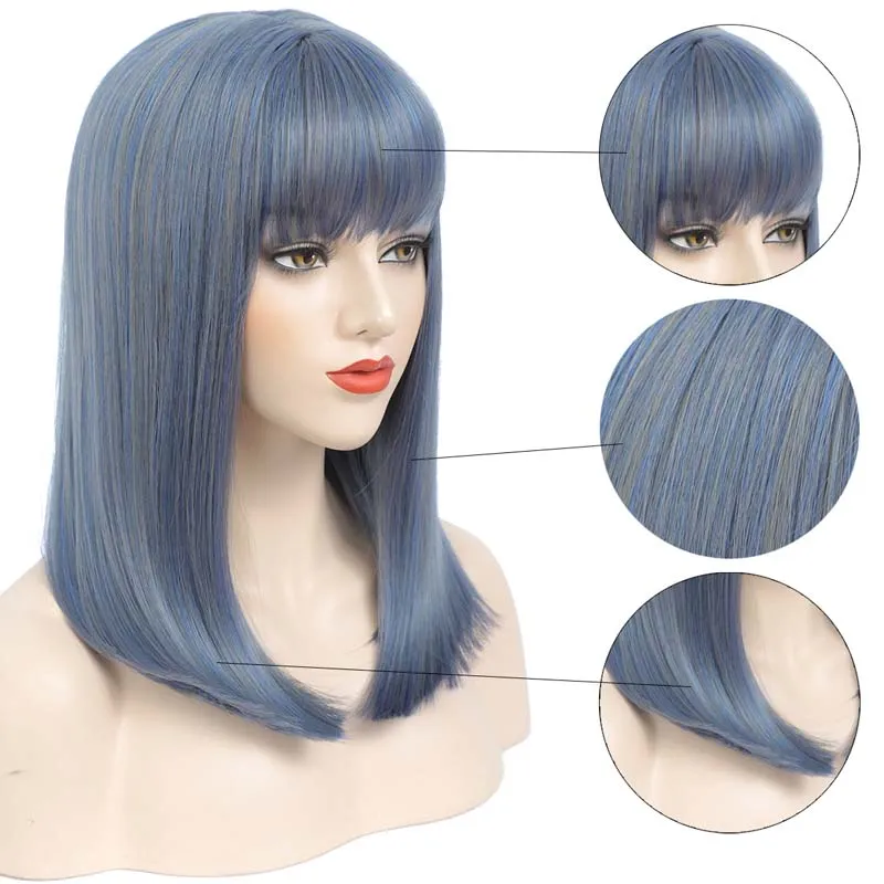 14インチグレーブルーパープルレッドハイライトショートボブ合成ウィッグコスプレウィッグウィグ女性のための前髪