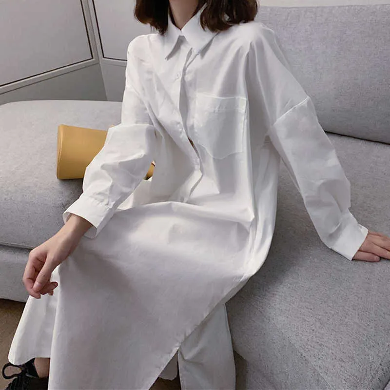 Aelegantmis Office Lady Chemise Robe Femmes Blanc Lâche Casual Split Col Rabattu Robes Solide Longue Droite Vestidos Coréen 210607