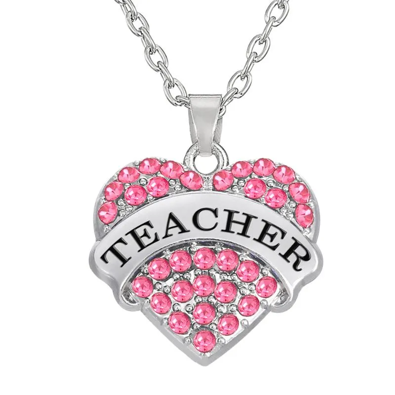 Teamer Clear Blue Pink Crystal Heart Netgraved Bendant Necklace with chain chain chain fashion jewelry for teacher's day gift269H