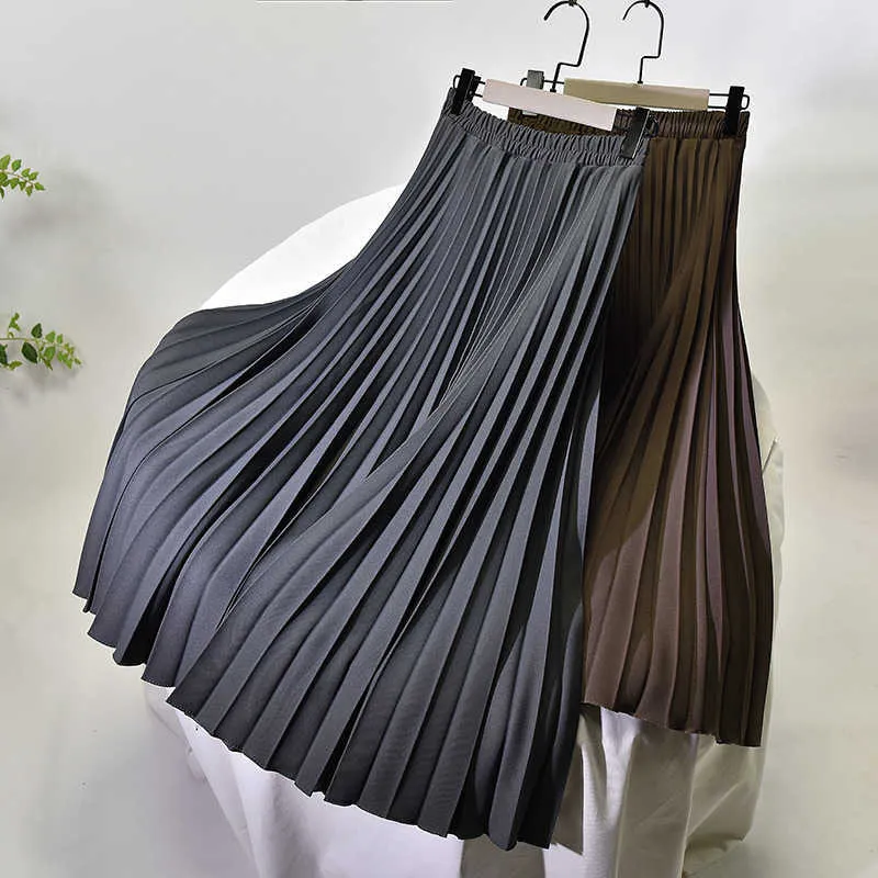 Women A-Line Spring Pleated Skirt Elegant Stretch High Waist Long Femme Faldas Jupe Saia White s 210621