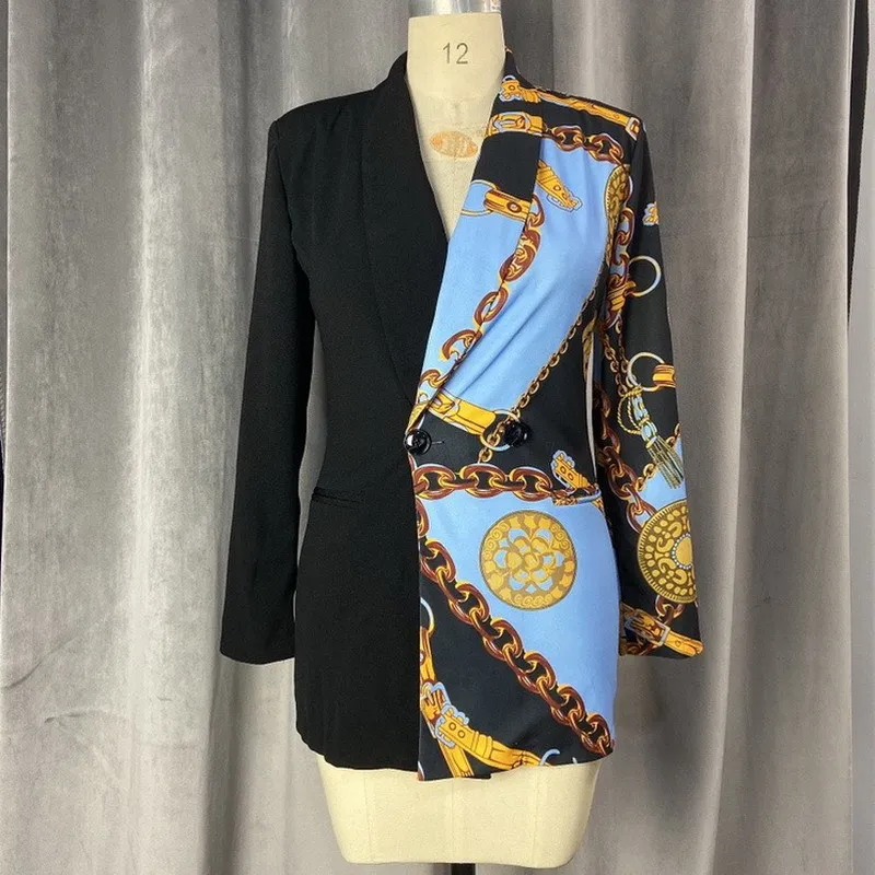 Kadın Blazer Mini Elbiseler Patchwork Baskılı Uzun Kollu Zarif Seksi V Boyun Ofis Bayanlar Klas Afrika Kadın Giysileri 210416