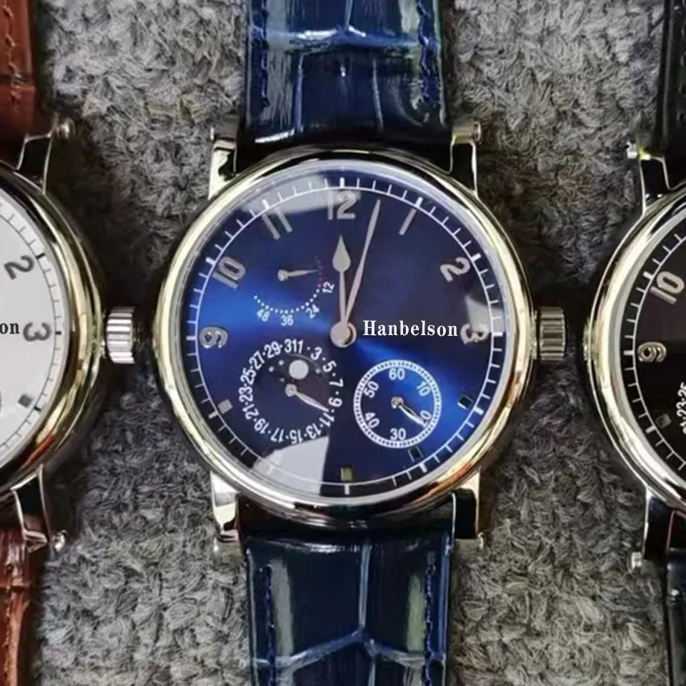 2022 Montre classique pour hommes avec réserve de marche, mouvement mécanique manuel, phase de lune, boîtier en acier, bracelet en cuir automatique, 323J