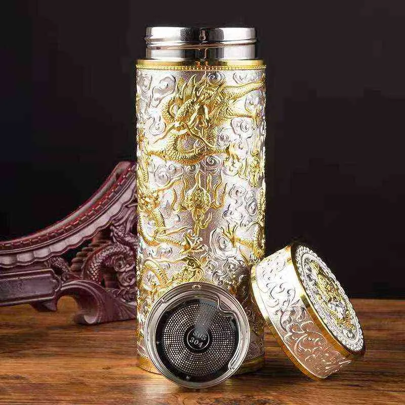 Bottiglia termica con rivestimento interno in argento Boccetta isolata con acqua in stile cinese modello drago regalo aziendale da campeggio 211109