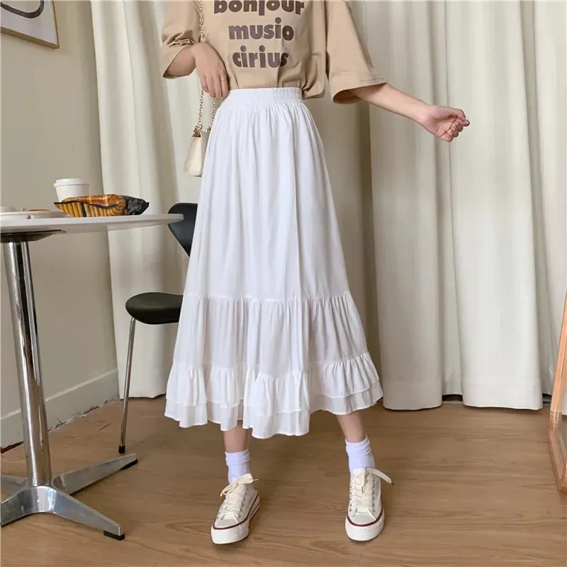 Falda plisada larga con volantes morados Verano Mujeres Harajuku Cintura alta Faldas blancas Coreano Color sólido Moda A-Line 210421
