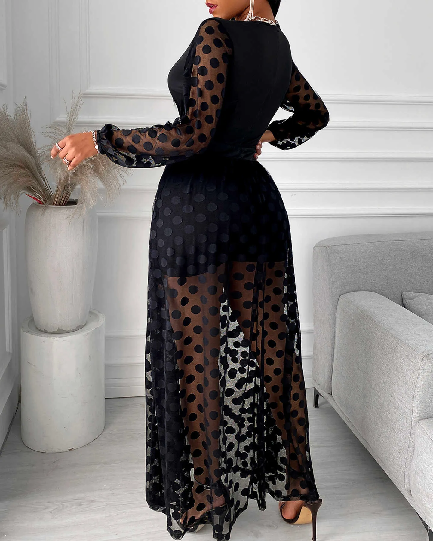 2021 Abbigliamento donna Primavera Polkadot Stampa Avvolgere Manica lunga Maxi abito Vedere Attraverso Festa nuziale Formale Elegante Boho Scollo a V Y0726