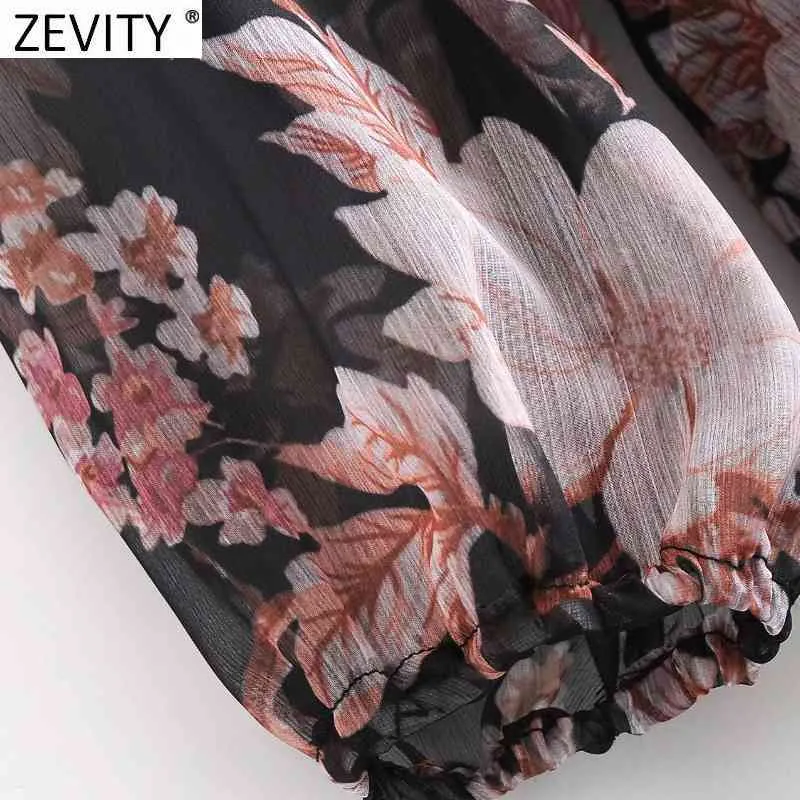 Kobiety Vintage V Neck Flower Print Elastyczna Talia Szyfonowa Midi Dress Lady Z Długim Rękawem Casual Slim Party Vestido DS4729 210420