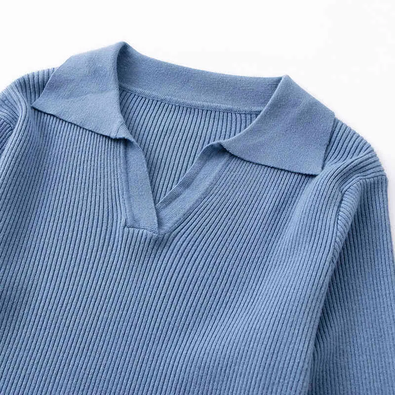 Femmes solide tricoté pull automne hiver col rabattu à manches longues mince pull élastique coréen Streetwear pull 210419