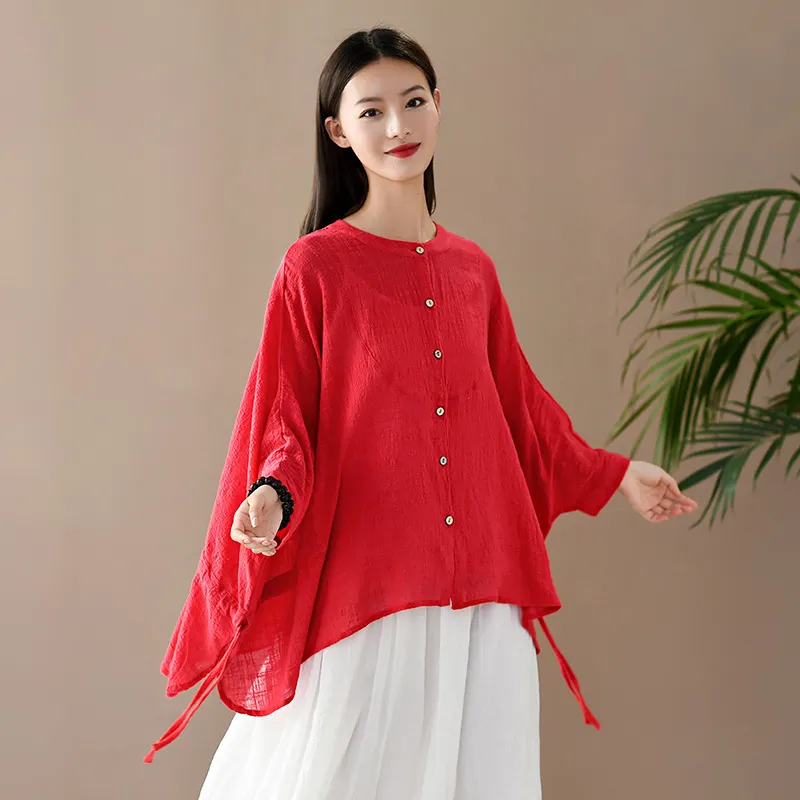Johnature Summer Loose Plus Size Single Breasted Batwing Sleeve Shirt Cotton Linen Comfortable All-match Women Tops 210521