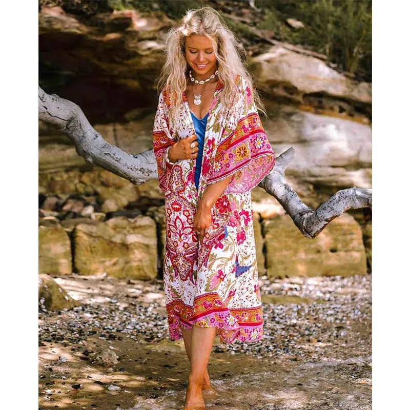 Boho Drukowane Bikini Wrap Cover-Ups Sexy 3/4 Rękaw Summon Kimono Sukienka Kobiety Plus Size Beach Nosić Swim Siatek Pokrywa A855 210420