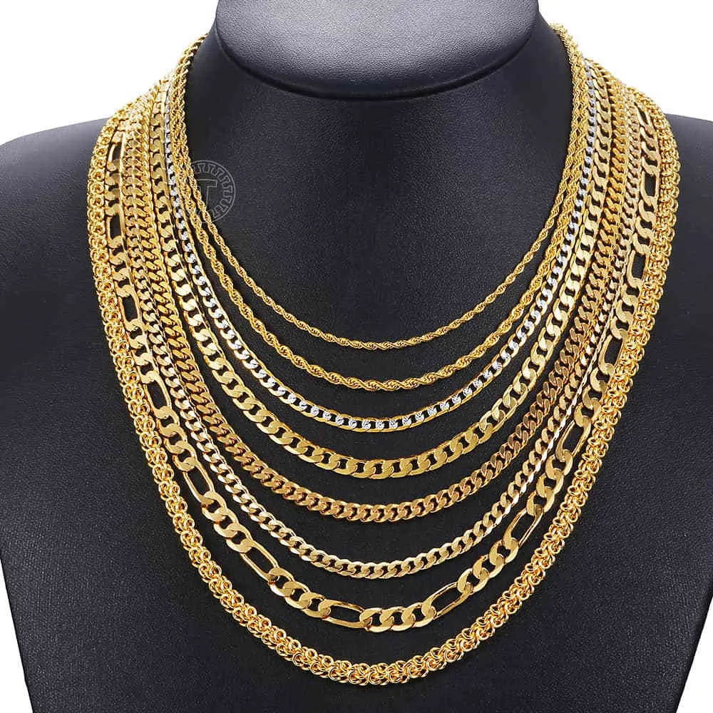 Gold Chain For Men Women Wheat Figaro Rope Cuban Link Chain Gold Filled Stainless Steel Necklaces Male Jewelry Gift Whole245I