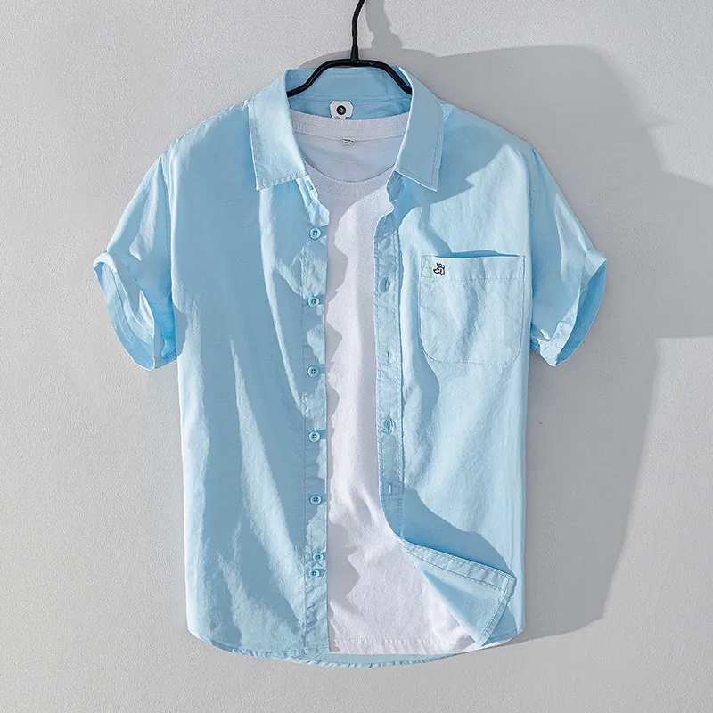 Short Sleeve Shirt for Men Summer New 100% Cotton Casual Turn-down Collar Tops Male Chest Pocket Decoration Basic Clothing 210421