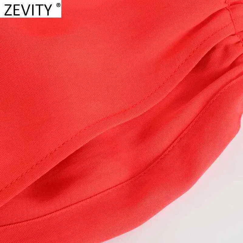 Zevity femmes simplement couleur unie poches Patch décontracté pantalon droit femme Chic taille élastique à lacets été pantalons longs P1129 211112