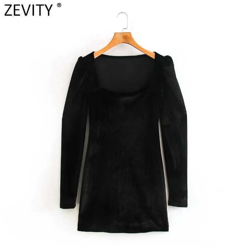 Zevity Women Vintage Square Collar Pleats Puff Sleeve Slim Mini Dress Femme Chic Velvet Party Vestido Casual Clothing DS4923 210603