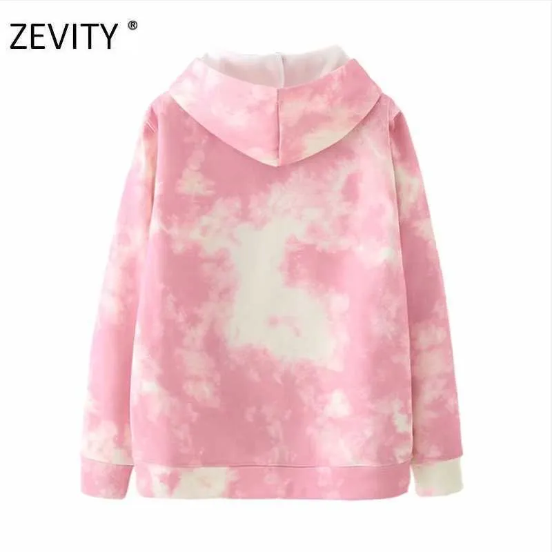 Zevity Kvinnor Pojkvän Stil Tie Dye Målning Stickad Hooded Sweatshirts Lady Leisure Pocket Hoodies Chic Pullover Tops H355 210603