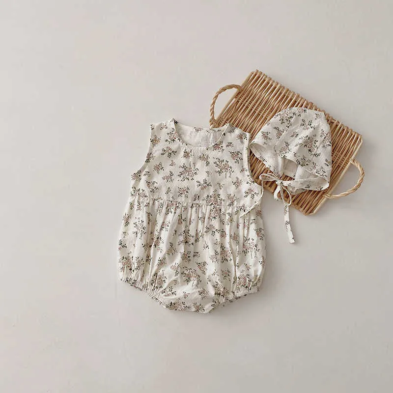 Björn ledare spädbarn baby flicka blommig rompers sommar födda tjejer casual blommor bodysuits ärmlös jumpsuit med hatt 210708