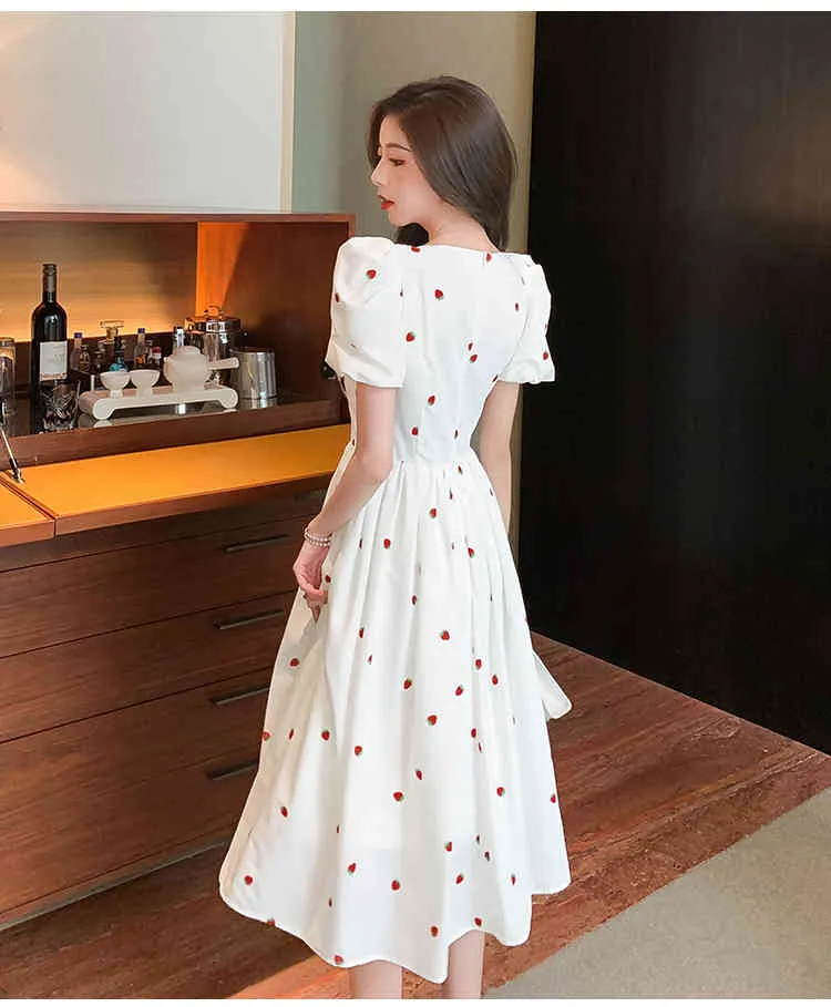 LLZACOOSH Summer Korean Strawberry Print Women Vintage White Square Collar Puff Sleeve Slim Draped A Line Dresses Clothes 210514