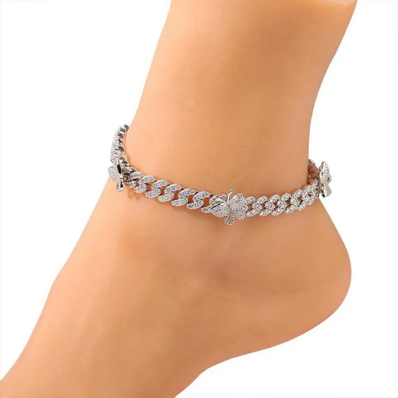 Iced Out Butterfly Anklet Bracelet Crystal Rhinestone Hip Hop Cuban Chain Anklets for Women Boho Beach Foot Jewelry Vintage Person272Q