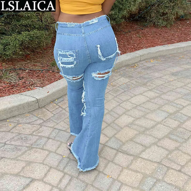 Pants Women Casual Plus Size Button Zipper Trousers Fashion Personality Hole Slim Flare Jeans Pantalones Para Mujer 210520
