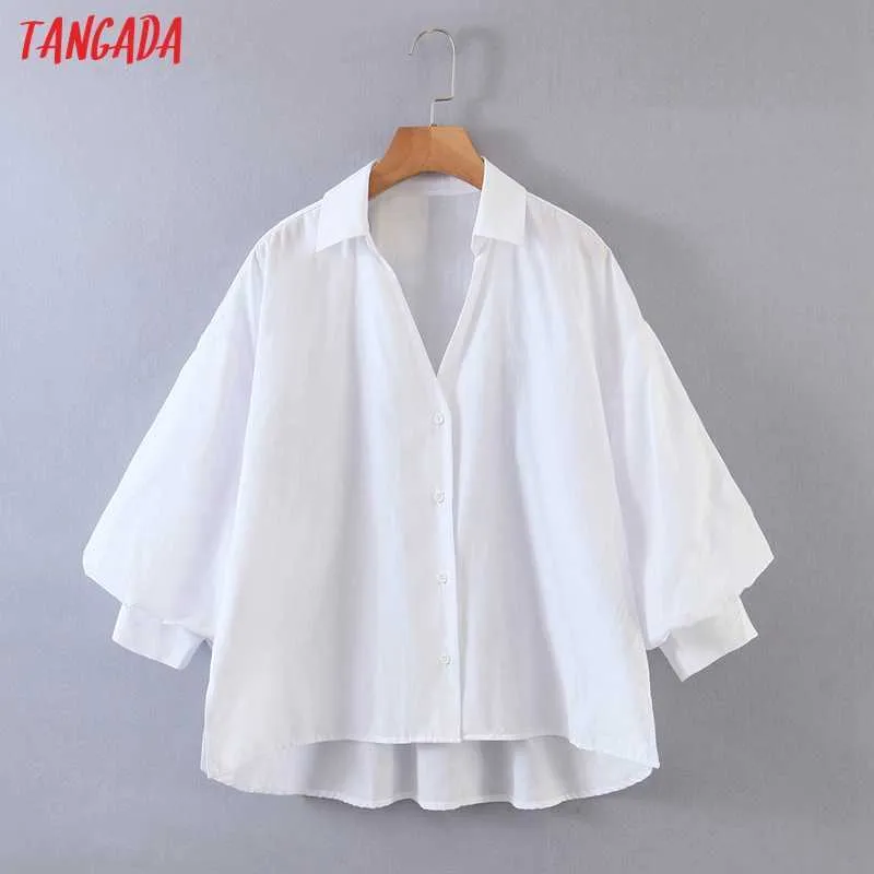 Tangada Damen übergroße weiße Hemden Laternenärmel solide V-Ausschnitt elegante Bürodamen Arbeitskleidung Blusen QW64 210609