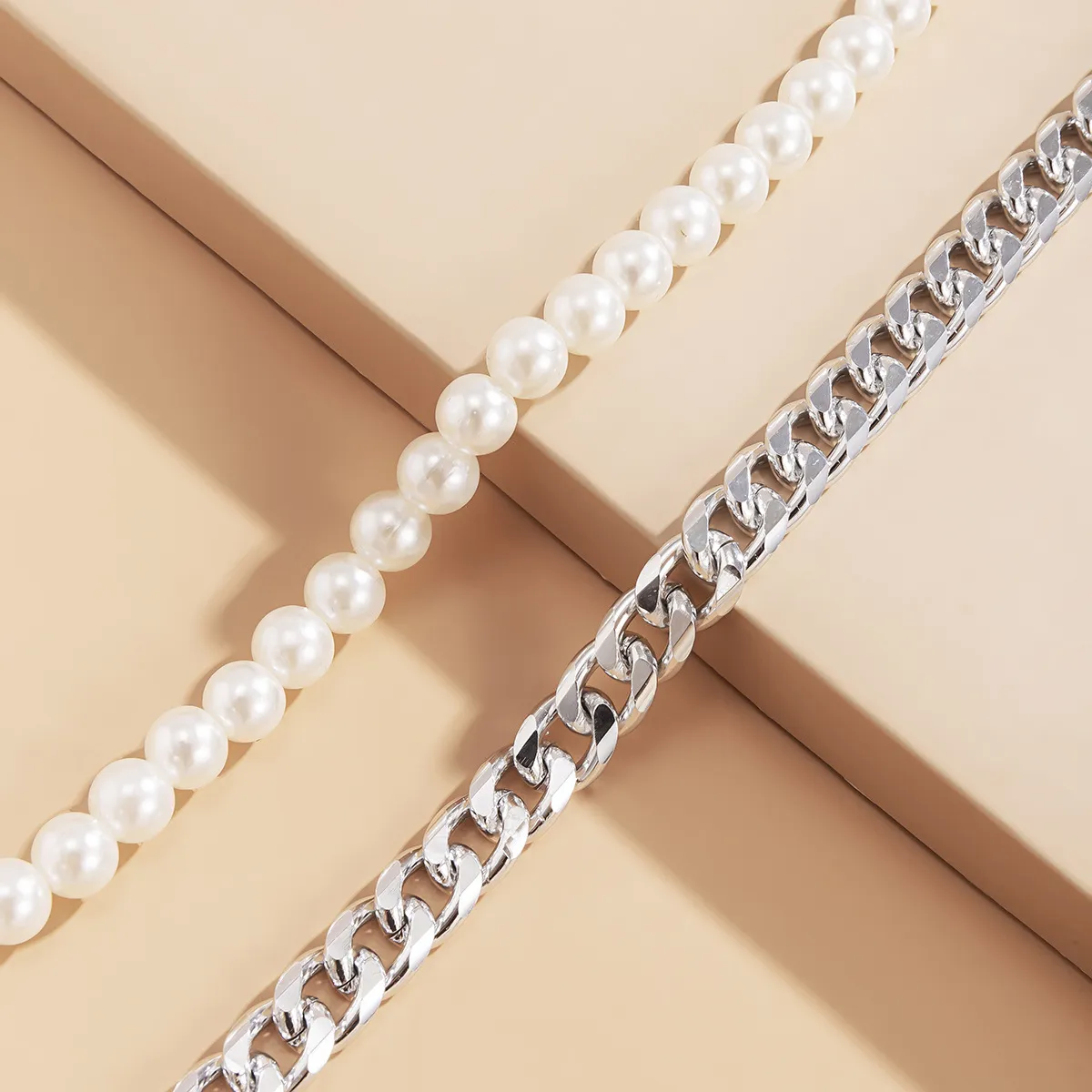 Set da 2 pezzi Hip Hop Collana cubana in acciaio inossidabile con catena di perle gioielli da donna