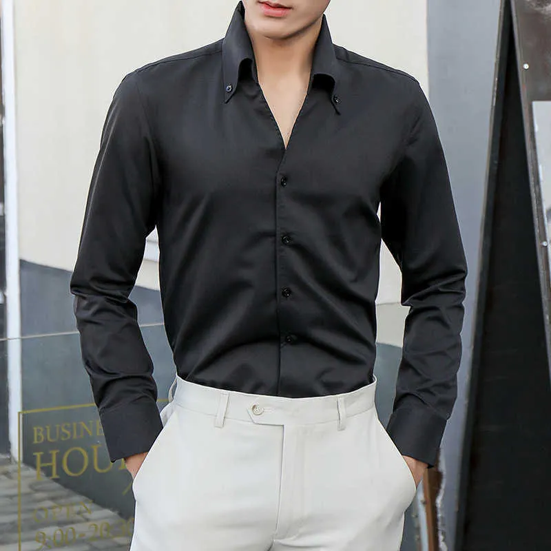Camisas dos homens camisas de manga comprida Casual Slim Business Shirts Coreano Preto Branco Sólido Streetwear Formal Social Smoking Roupas 210527