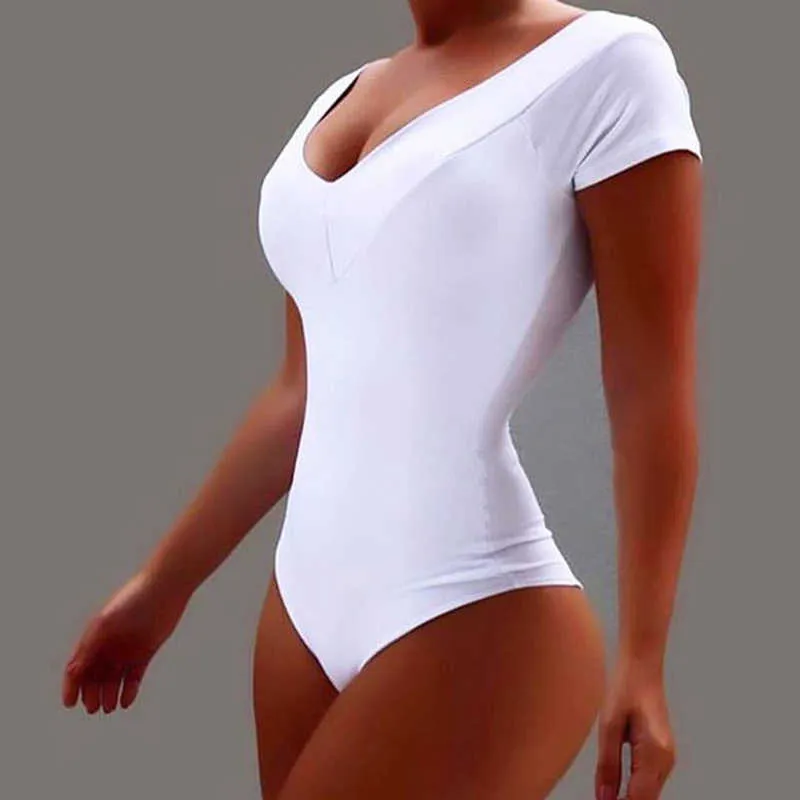 Overalls Frauen Sexy Bodycon Sommer Mode Reine Farbe Kurzarm Tiefem V-ausschnitt Plus Größe Bodysuit Casual Weibliche Overall Y0606