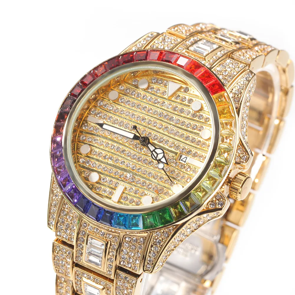 Nieuwe hoogwaardige hiphop kleurrijk horloge 316L roestvrijstalen kas deksel volledige diamant kristallen band horloges kwarts pols horloges pu215j
