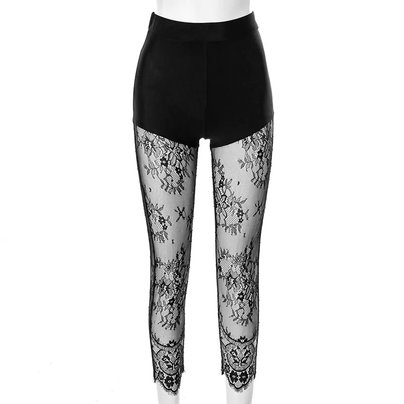 Kobiety Casual Skinny Spodnie Patchwork Koronki Haft Legginsy Moda Pokaż przez spodnie ołówkowe Letnie Bodycon Dna 210517