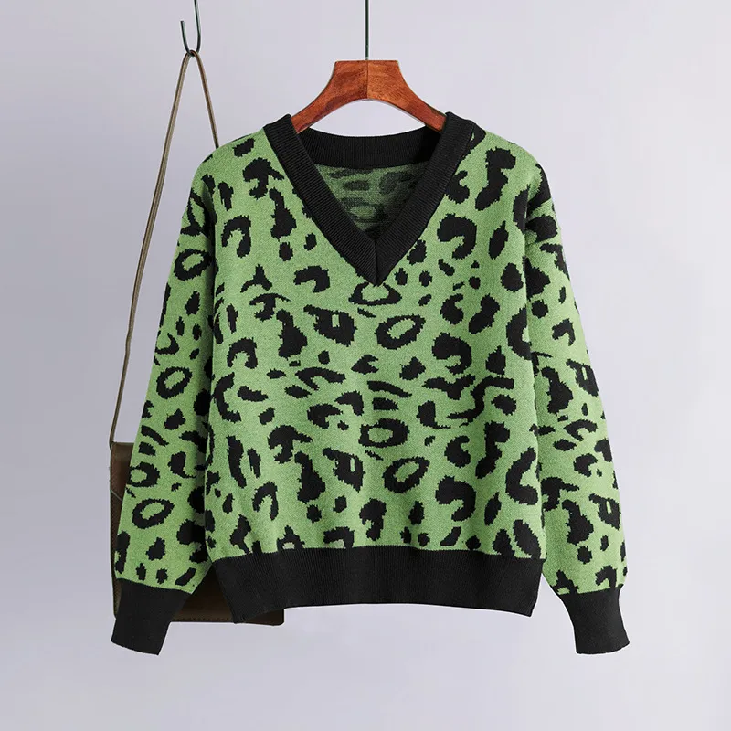 Ретро леопард вязаный свитер Женщины Свободные моды V шеи с длинным рукавом пуловера осенью зима теплая эластичная повседневная джемпер 210419