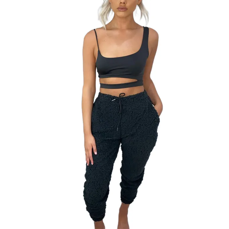 Femmes Cheville Longueur Pyjama Pantalon Couleur Unie Poche Décoré Cordon Taille Naturelle Polaire Chaud 210522