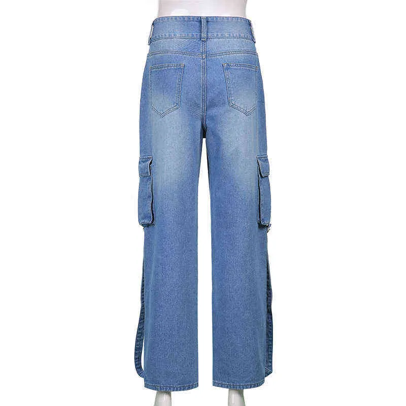 Y2K Bleu Droite Jeans Femmes Vintage Cargo Denim Pantalon De Mode Taille Haute Harajuku Patchwork Cousu Années 90 Esthétique Lâche Jean 211129