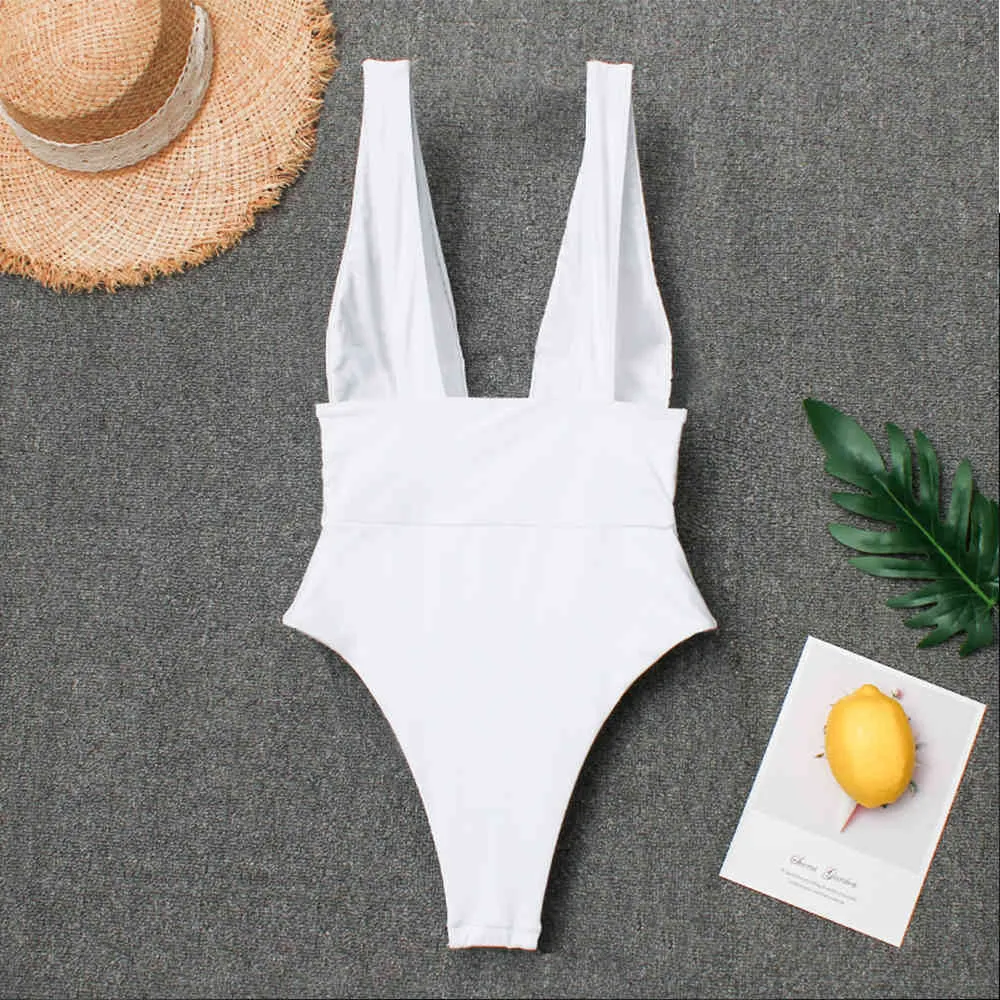 Deep V Blanc Monokini Plongeant String Maillot de bain Femmes Maillot De Bain Body Blanc Femmes Maillot De Bain Femme Sexe Maillots De Bain 210407