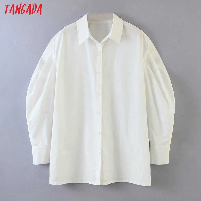 Camicie bianche da donna Tangada maniche lunghe a sbuffo colletto rovesciato solido camicette da donna high street SL270 210609