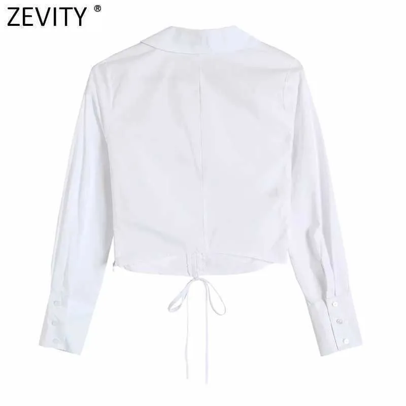 ZEVITY Frauen V-Ausschnitt Plissee Lace Up Short Smock Bluse Weibliche Langarm Weiße Slim Shirts Chic Side Zipper Blusas Tops LS9120 210603