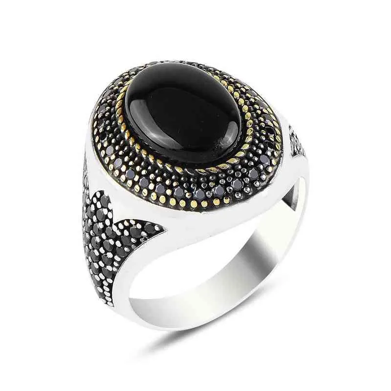 30 أنماط خمر مصنوعة يدويًا خاتمًا تركيًا للرجال للنساء الفضة القديمة اللون الأسود Onyx Stone Punk Rings المجوهرات الدينية 3145