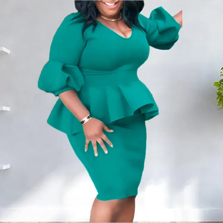 African Women Bodycon Dresses Puff Sleeves Ruffles Peplum Tight Green Package Hip Office Female Large Size Ladies Fashion 210416