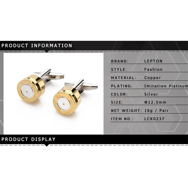 망을위한 최고의 금속 커프스 단추 골드 컬러 탄환 디자인 커프스 링크 남성 웨딩 신랑 셔츠 커프스 커프스 단추 릴로 쥬스 Gemelos