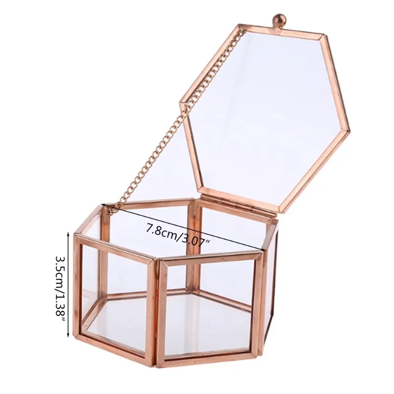 Hexagon Transparent Rose Gold Wedding Ring Geometric Clear Glass Smycken Box Organizer Tabletopholder 16FF